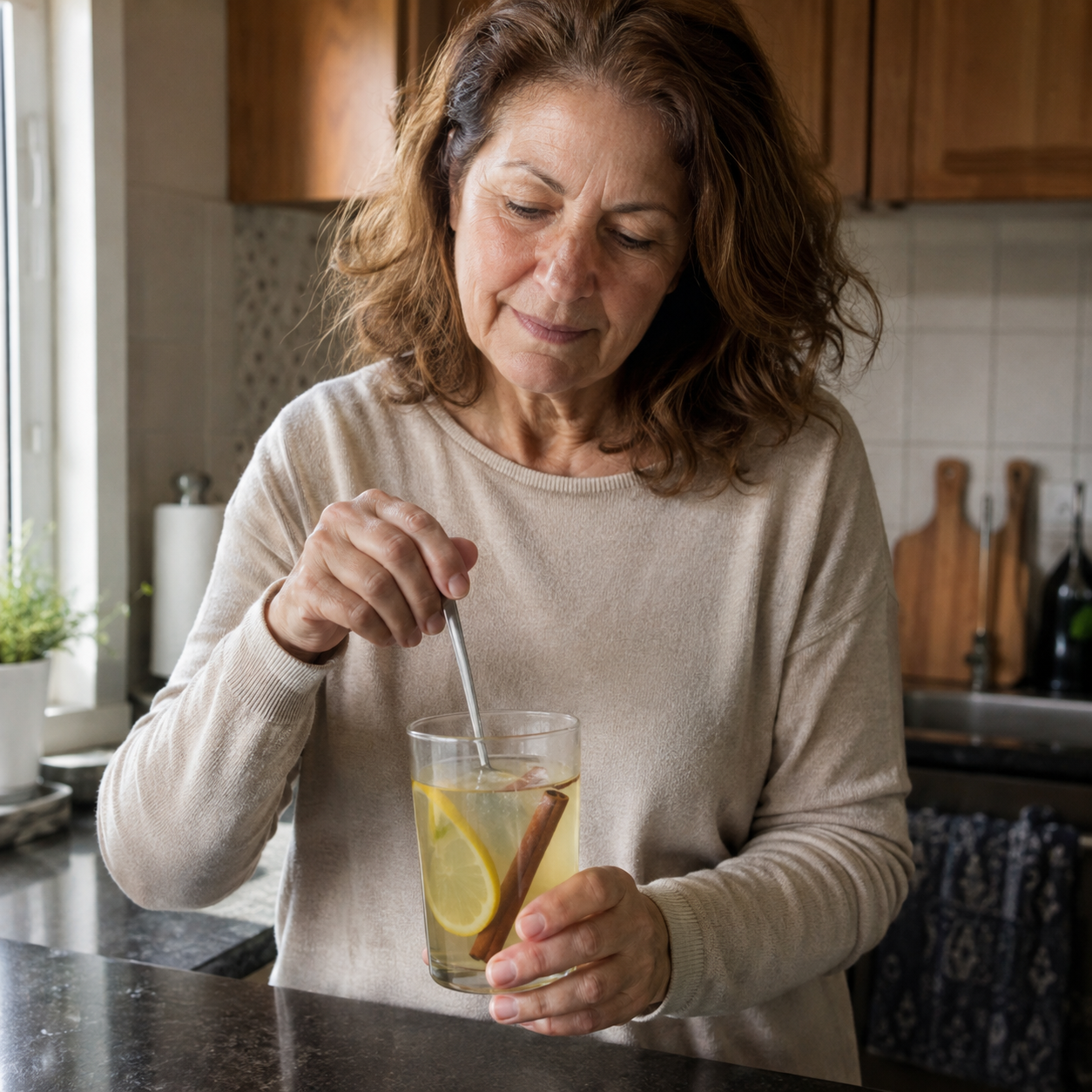 Mature woman in the kitchen stirring a cup with yellowish liquid (water with lemon/cinnamon), natural window light