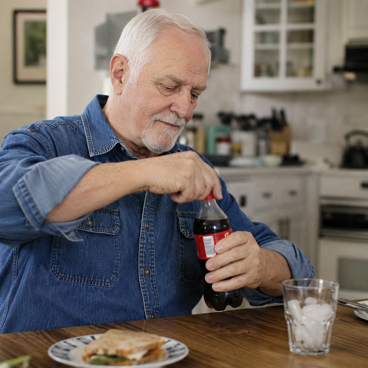 elderly man opening a beer or soda while sitting at the kitchen table.