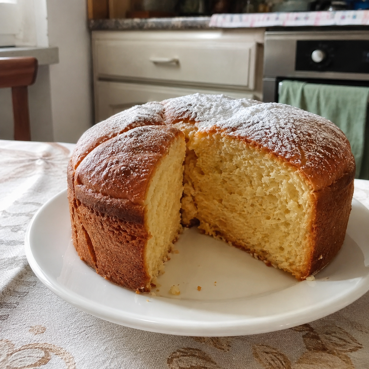 Sweet bread or homemade cake on top of the kitchen table, simple plate