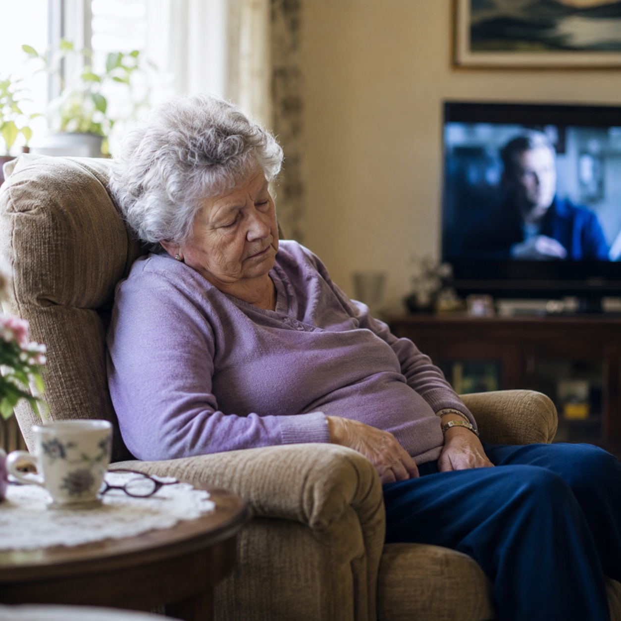 Elderly woman napping in the living room armchair in the afternoon, TV on in the background