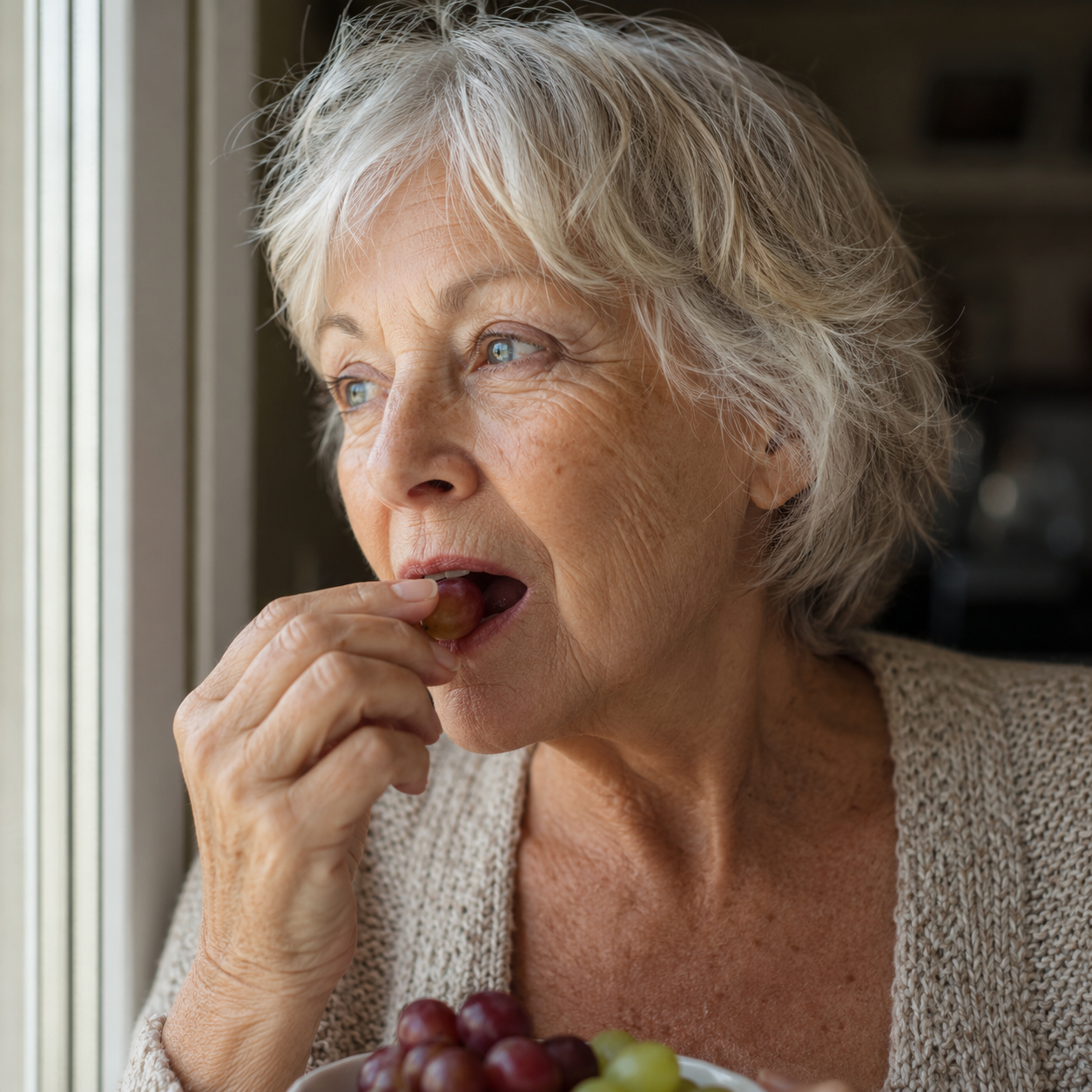 Elderly woman eating grapes or fruit near the window, close up on her face