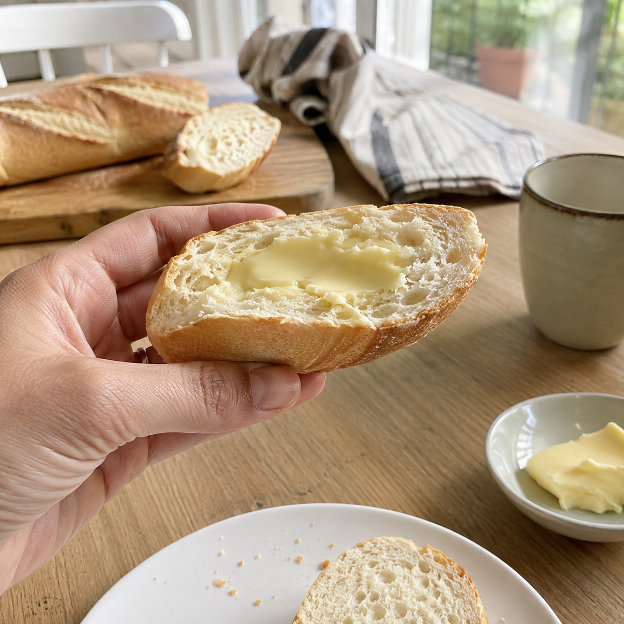 Hand holding French bread with butter on top of the table