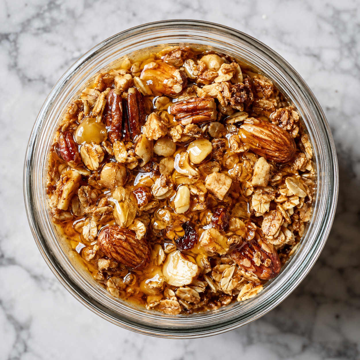 Glass jar with granola and nuts with honey dripping, top down photo.