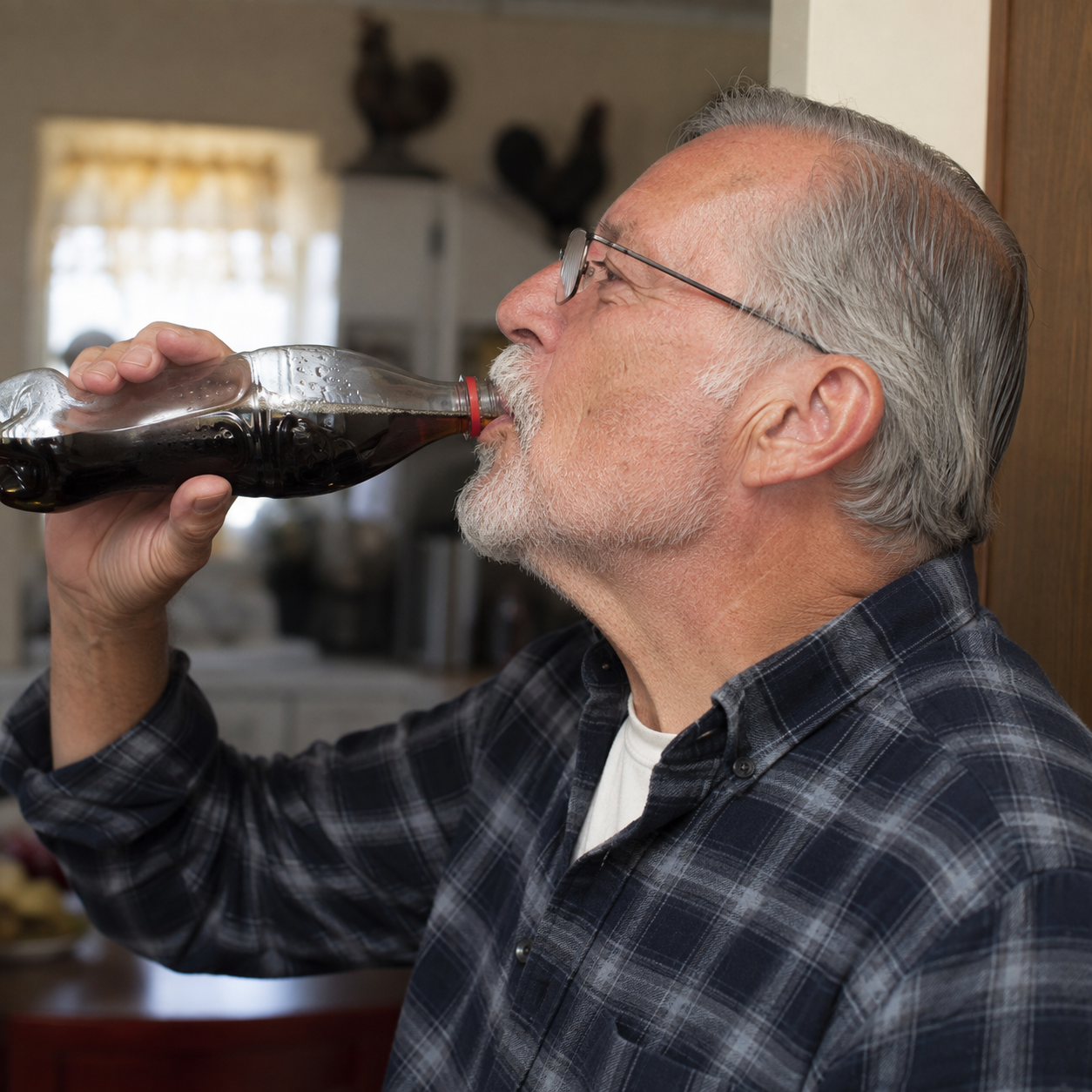 elderly man drinking soda straight from the bottle, side profile photo at home.