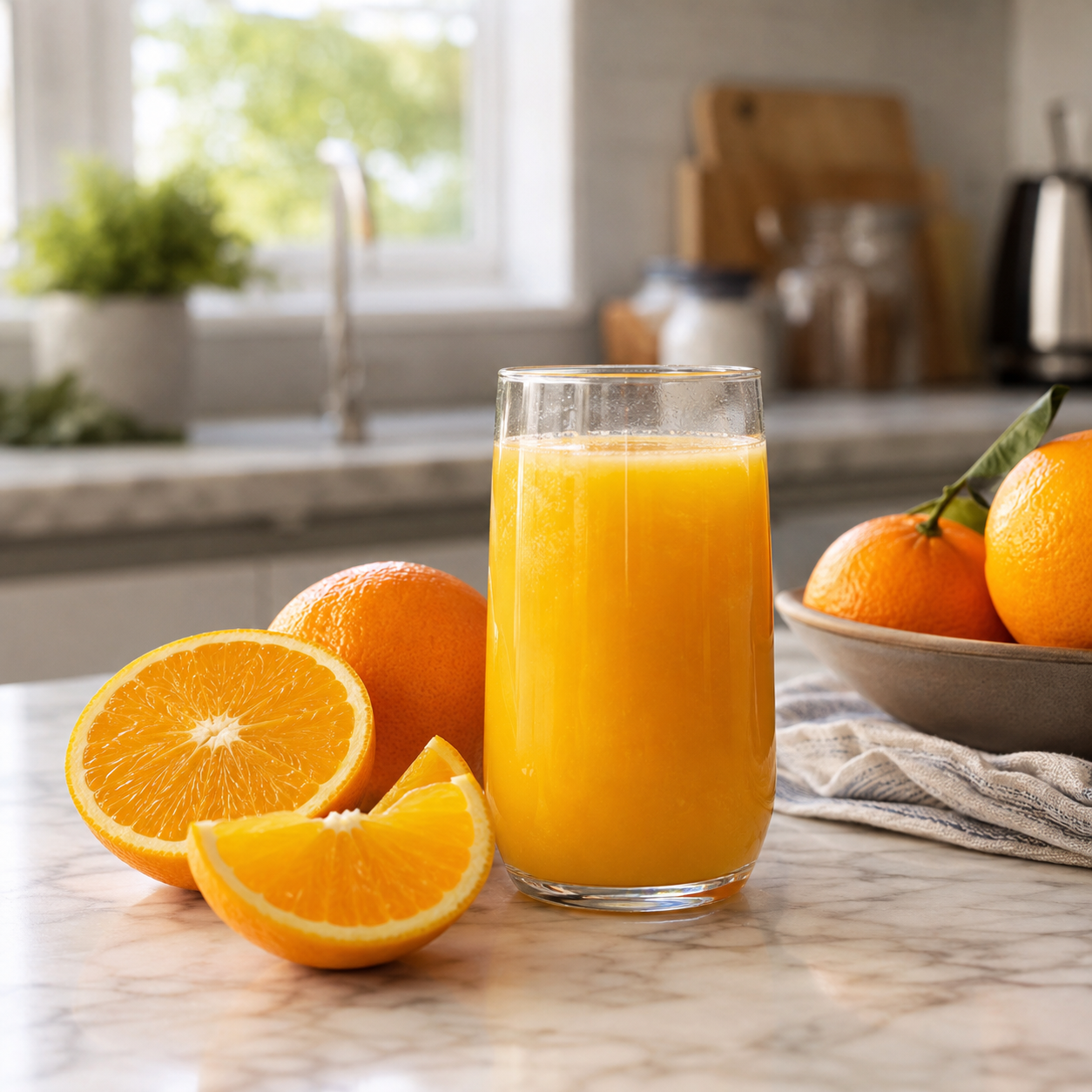 Cut oranges or fruit juice in a glass on the kitchen counter.