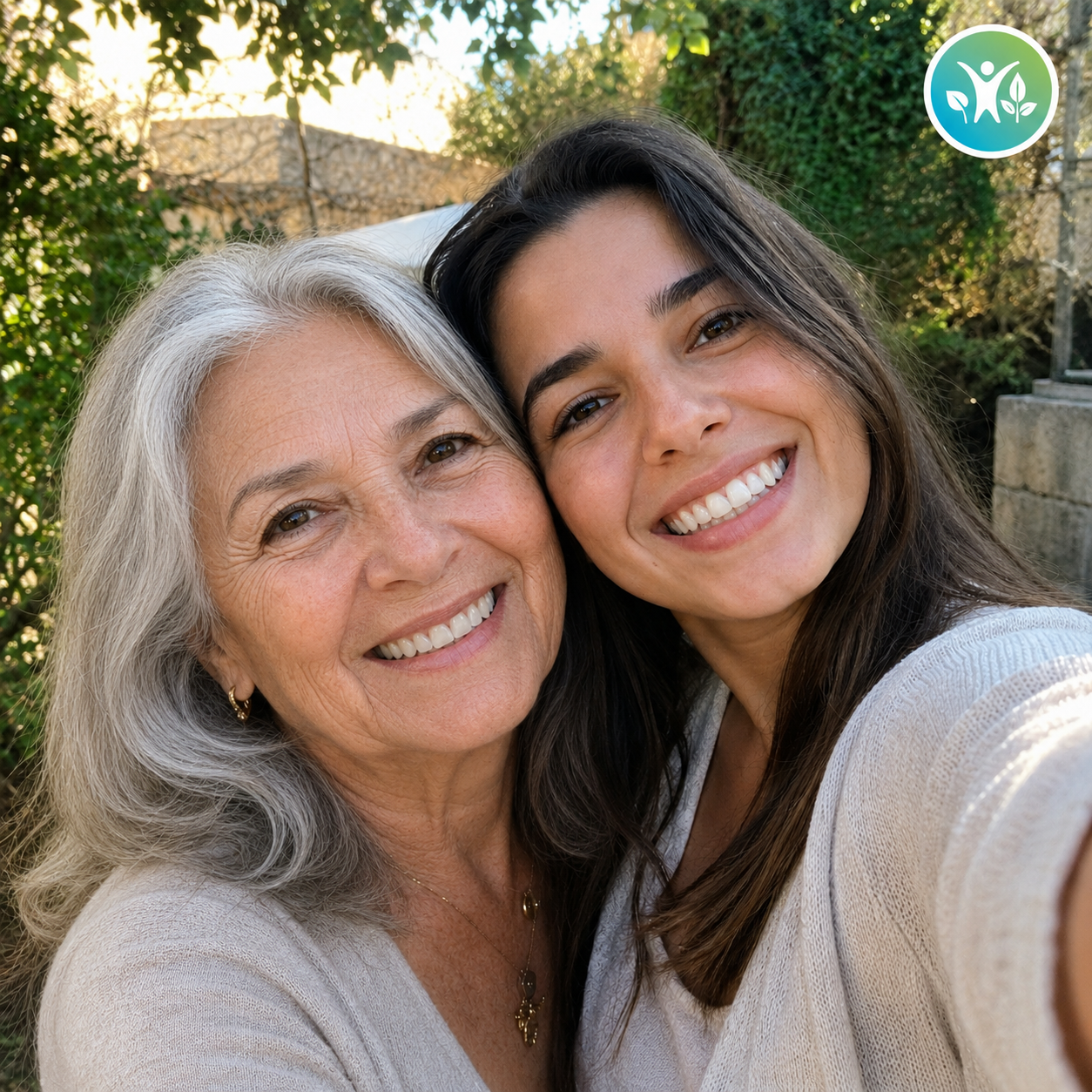 Photo of two women (mother and daughter) hugging, smiling, outdoor selfie style, with a TV show stamp in the corner (like 60 Minutes or Good Morning America).