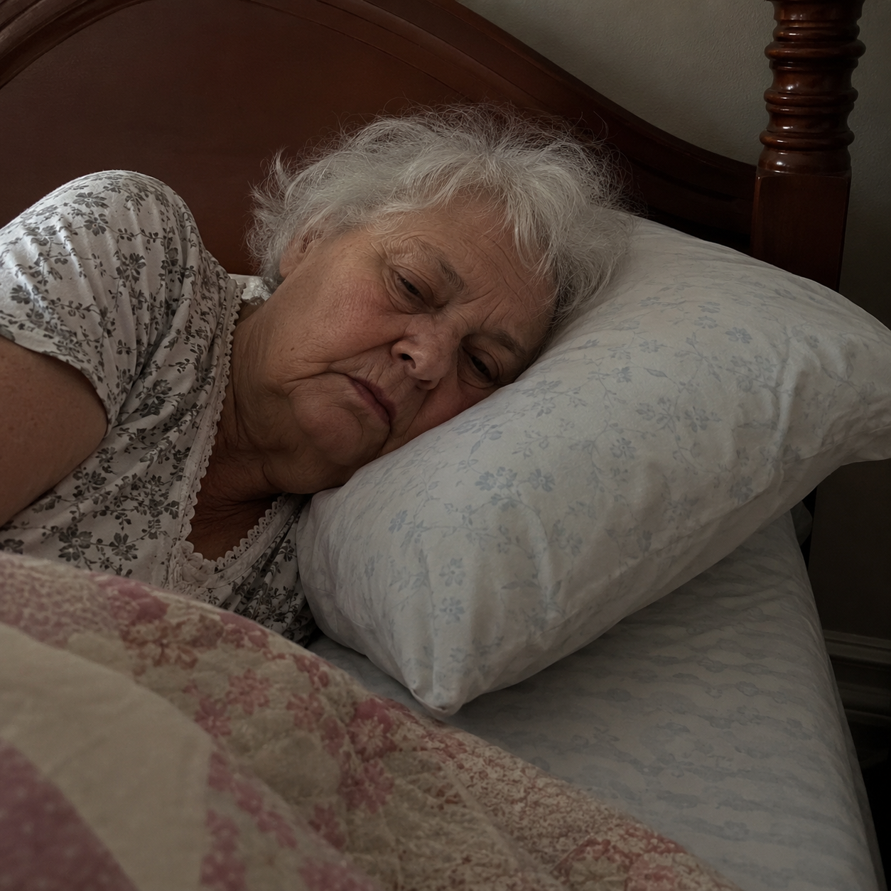 Elderly woman lying in bed, tired face, dim light, homemade candid style photo in the morning.